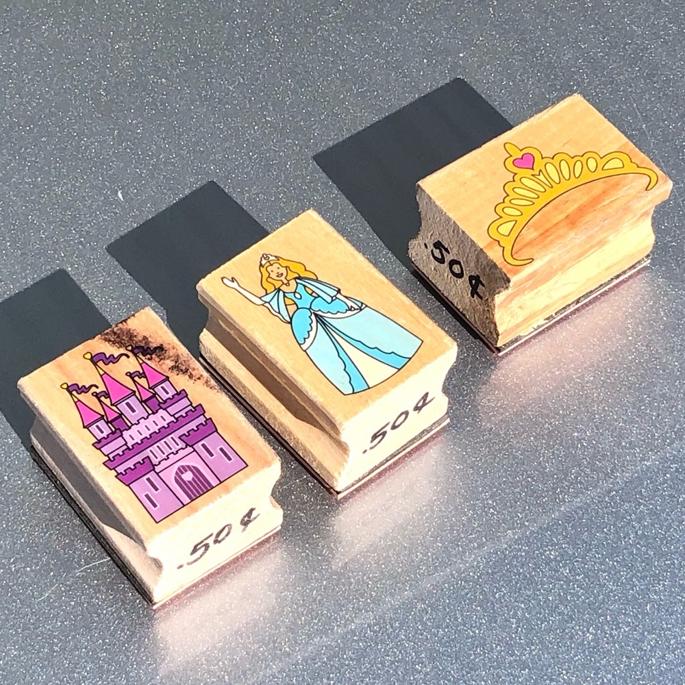 PRINCESS THEME WOOD MOUNTED RUBBER INK STAMPS - LOT OF 3    2" X 1 3/8"